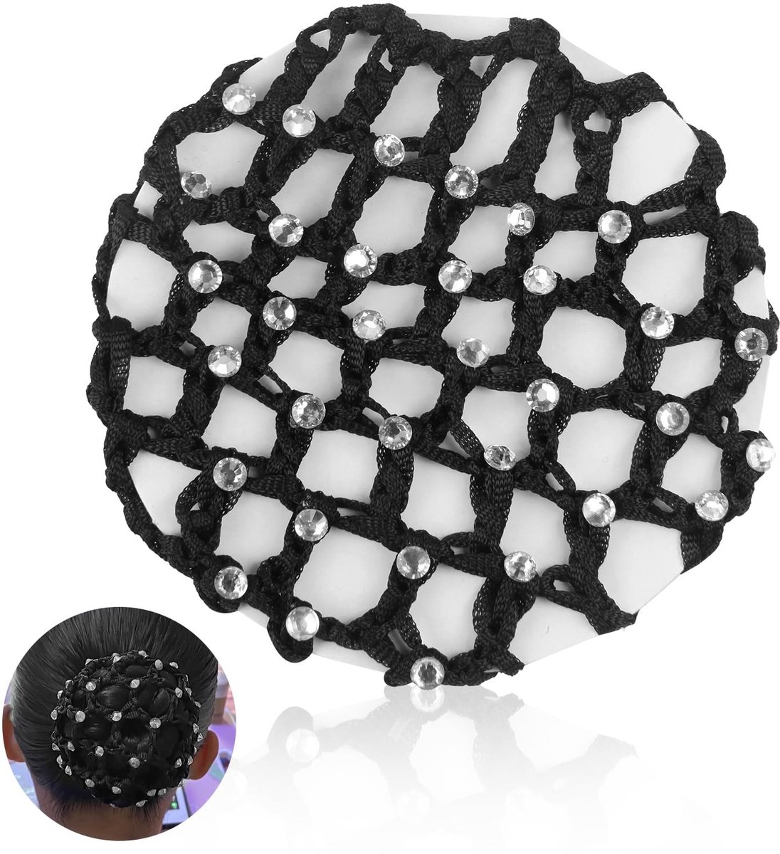 Dailygoods- Haarnetje met strass-steentjes - Haarnetje voor paardrijden - Haarnetje voor ballet - Haarnetjes voor de nacht - Elegant zwart - 1 stuk - Knotnet