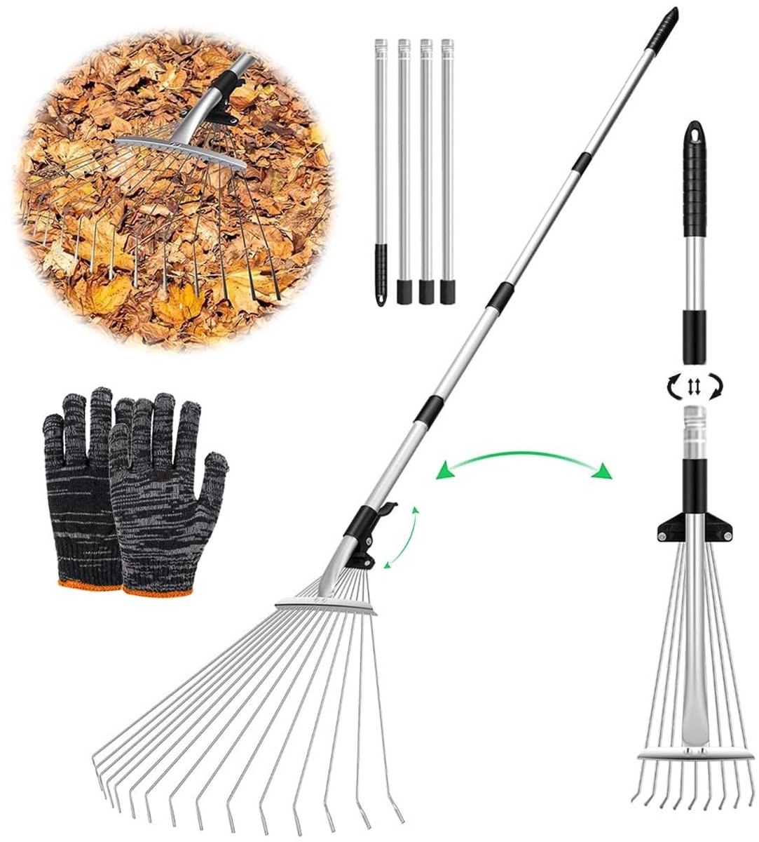 Dailygoods- Bladbezem Verstelbaar - Tuinhark met Steel - Hark voor Bladeren - Hark voor Planten - Roestvrij Staal - Compact Opvouwbaar