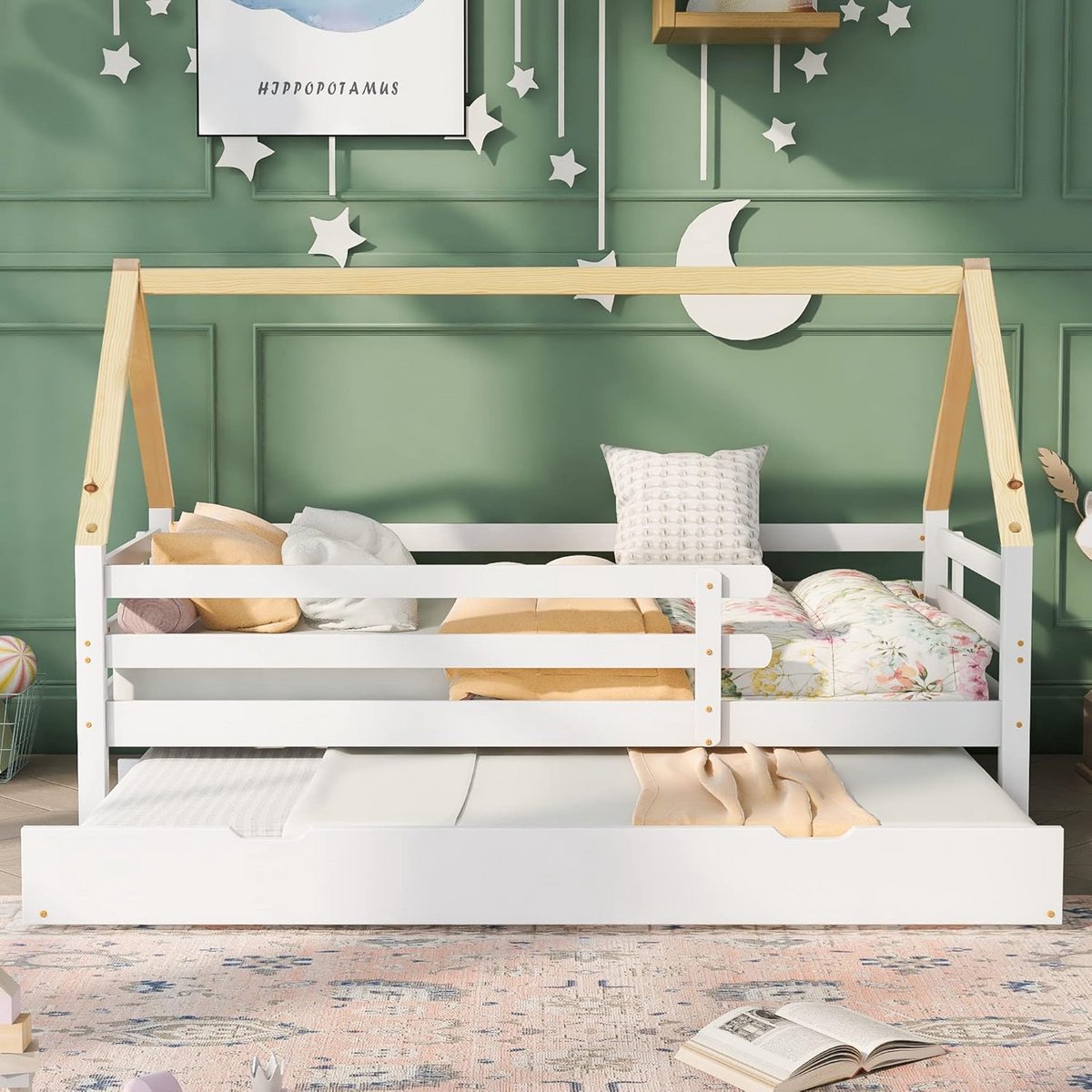 Boomhuisbed Dagbed - Uittrekbaar Kinderbed - Ruimtebesparend Slapen - Met Schuifbed Op Wieltjes - 209x97x130cm - Wit Naturel