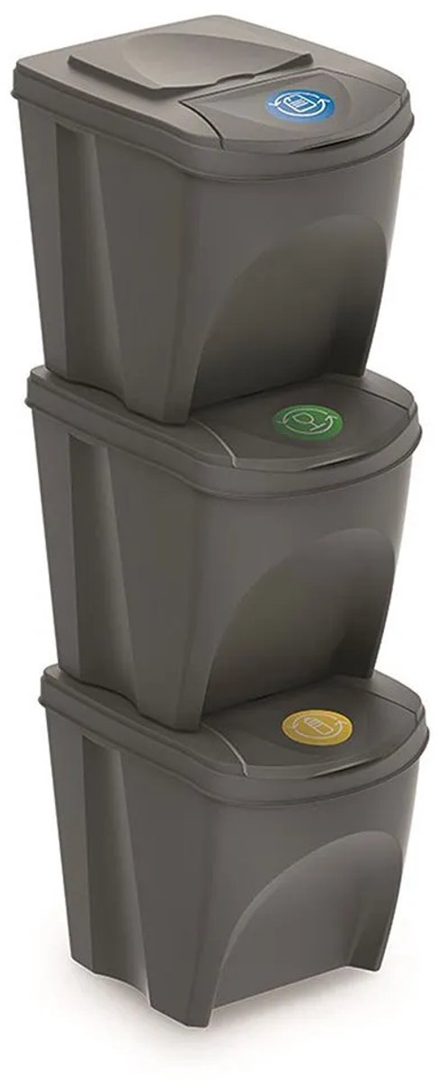 Set van 3x kunststof afvalscheidingsbakken grijs van 25 liter - Scheidingsprullenbakken
