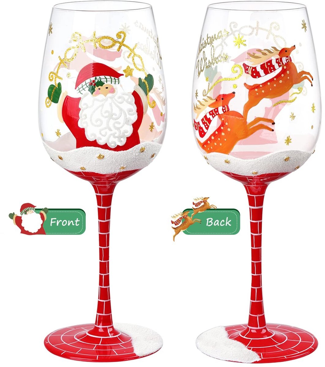 Dailygoods- Wijnglas Handgeschilderd 15oz - Kerstman/Elanden - Milieuvriendelijk - Voedingskwaliteit - Handgeblazen - Gezond Cadeau - Glazen