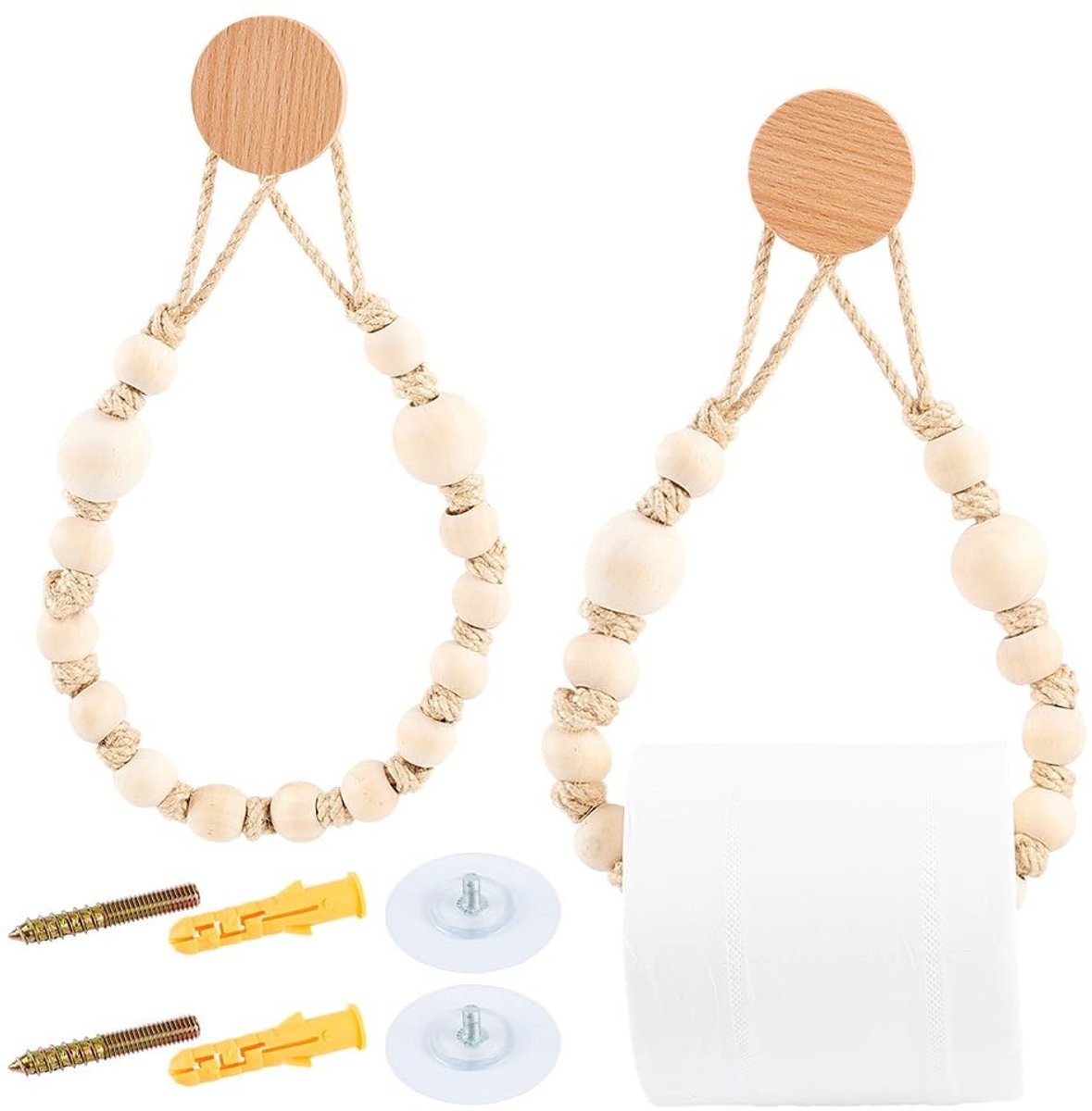 Dailygoods - Houten Toiletrolhouder met Kralen - Rustiek Badkamerdecor