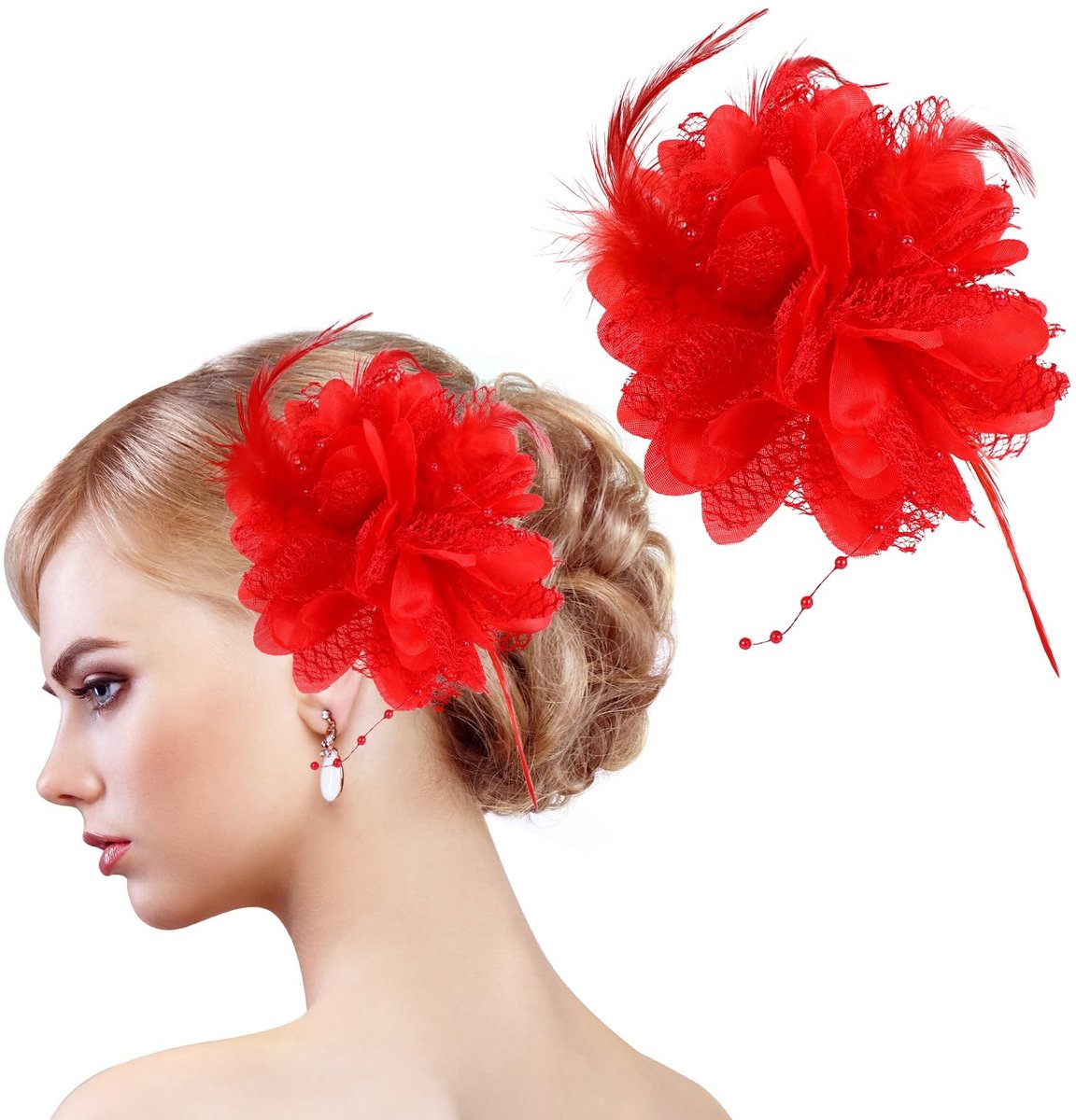 Dailygoods- Haarclip 2 Stuks - Bloem/Veer - Vintage Stijl - Fascinator Dames - Hoofddeksel - Geschikt voor Bruiloft/Feest