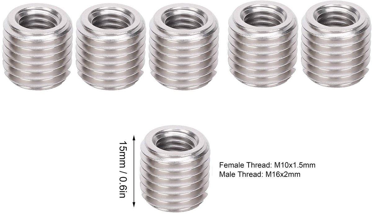 Dailygoods - Draadreduceermoer - Draadreductieadapter - Roestvrijstaal - M10x1.5 en M16x2 - Ideaal voor schroefdraad reparatie - 10 Stuks