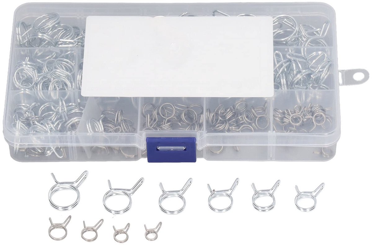 Dailygoods- Slangklem 150 Stuks - Dubbele Draadveerbuisclip - Roestvrij Staal - Assortiment - Diverse Maten - Opbergdoos - Buisclip