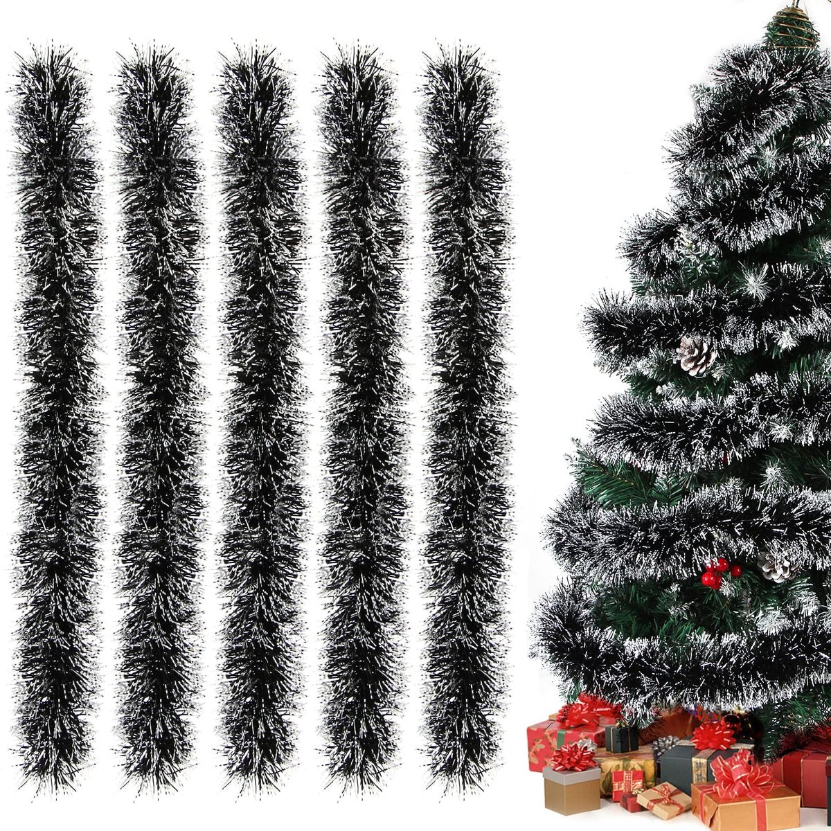 Dailygoods - 5 Stuks Zwarte Lametta Slinger voor Kerstdecoratie