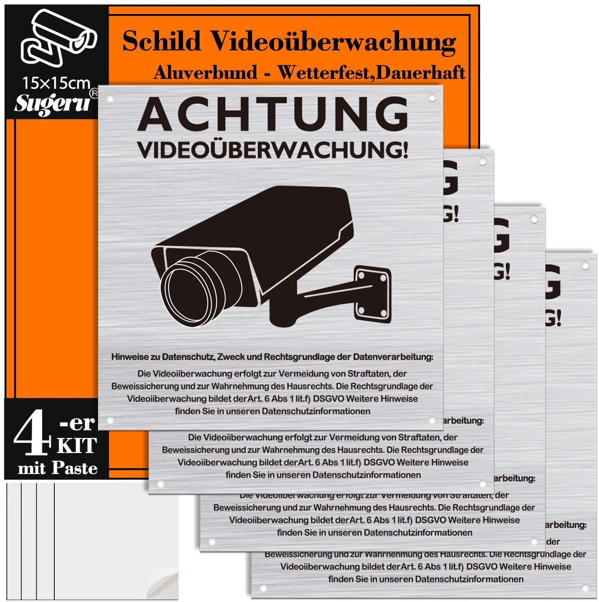 Dailygoods- Bord Videobewaking 150mm - 4-delig - Aandacht Videobewaking - DIT Object WORDT VIDEO BEWACHT - Aluminium Composiet - Weerbestendig, Duurzaam - Bewakingsbord