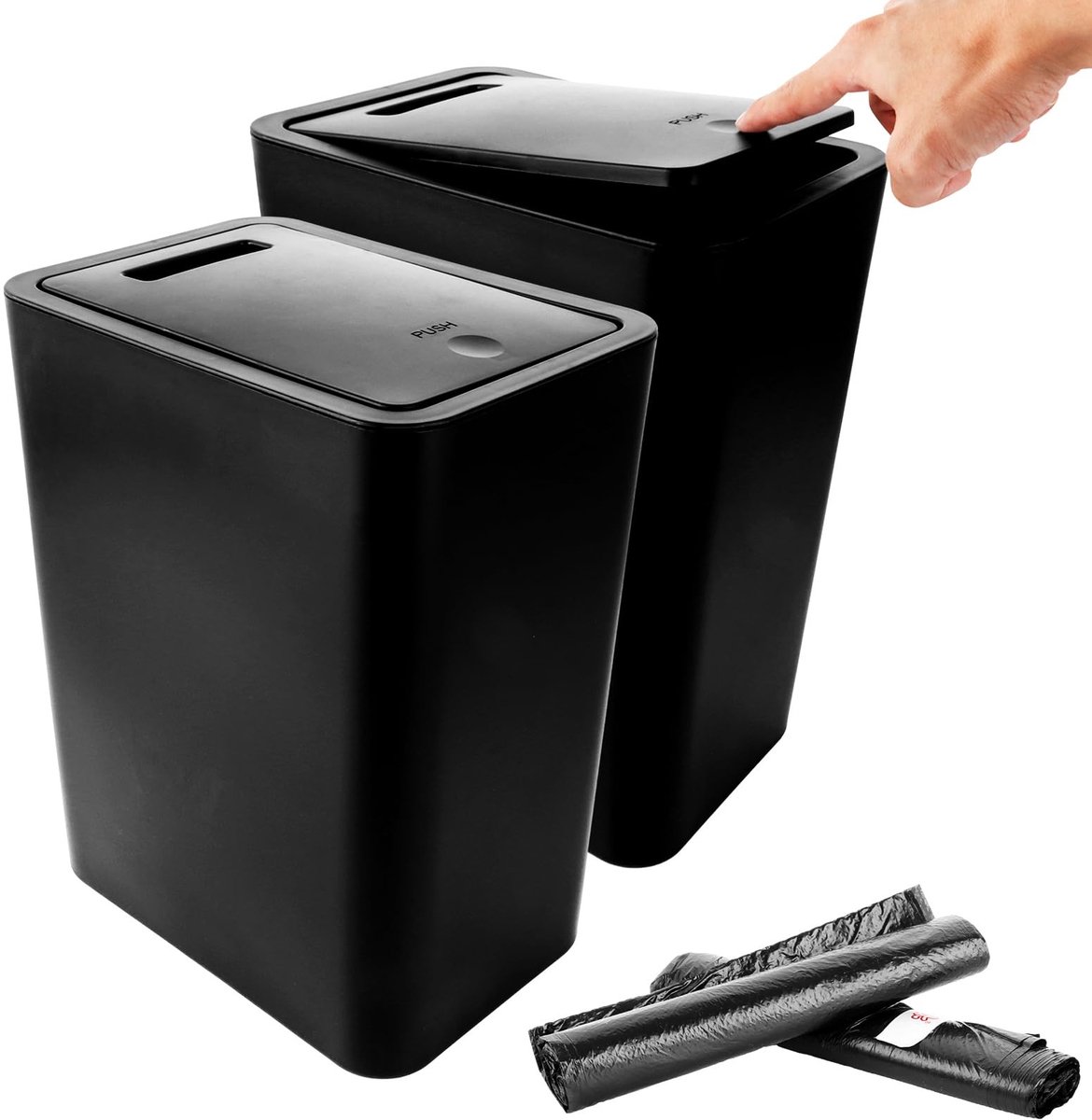 Dailygoods- Vuilnisbak 12,5 Liter - Afvalbak met Deksel - Vuilniszakken 60 Liter - Set van 2 - Zwart - Geschikt voor Keuken/Badkamer - Afvalemmer