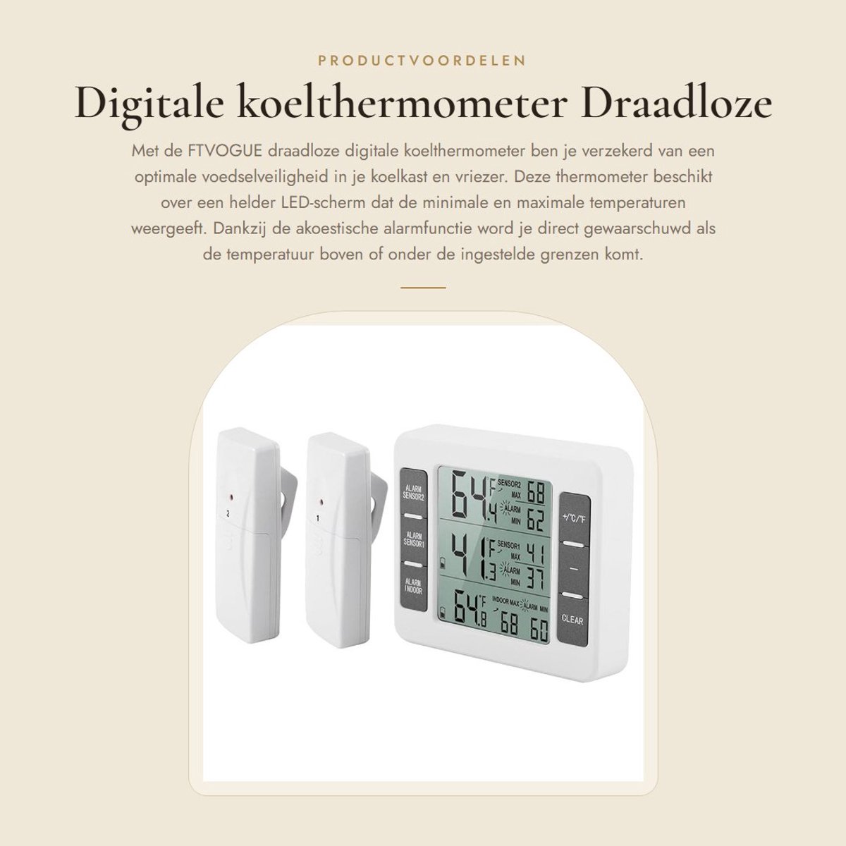 Dailygoods - Digitale koelthermometer - Draadloze thermometer met alarm - Geschikt voor koelkast en vriezer - Betrouwbare temperatuurmeting - Eenvoudi...