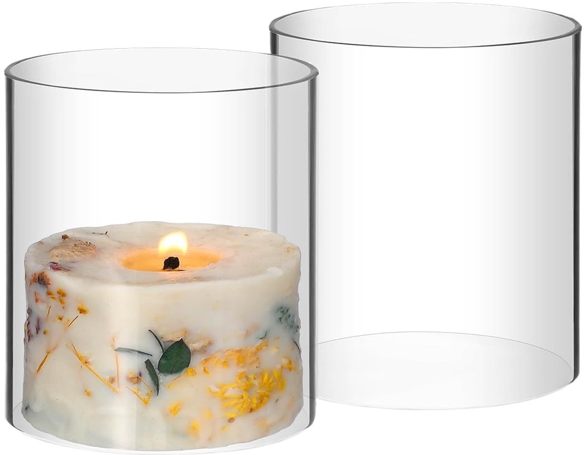 Dailygoods- Kandelaar Vervangend Glas - 2 Stuks - Cilindrische Kandelaar - Windlicht Glas - Kaarsenhouder - Hoogte 10 cm - Diameter 9 cm