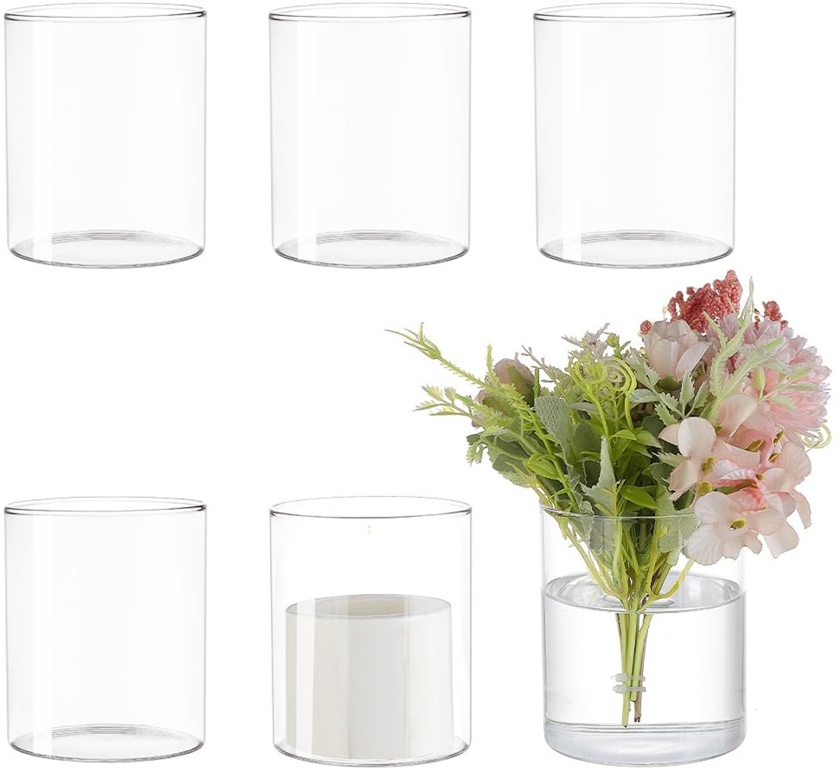 Dailygoods- Cilindervazen 6 stuks - Glazen Vazen - Hydrocultuurplantenflessen - Decoratieve Tafelopzetstukken - Hoog Borosilicaatglas - 99 mm Hoog, 84 mm Diameter - Glazen Vaas
