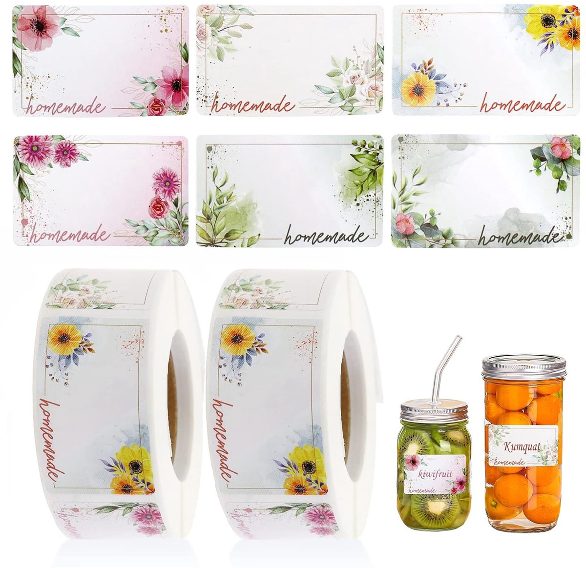 Dailygoods- Etiketten 1000 stuks - Zelfklevende Stickers - Bloemenstickers - Cadeauzakjes - Jampotten - Hoogwaardige Gecoat Papier
