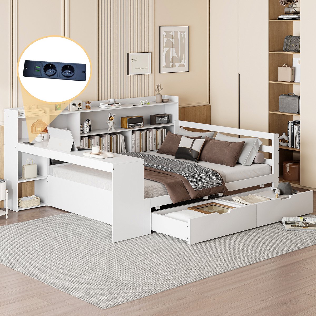 DESMIU Bedbank 140x200 cm - Multifunctioneel Tweepersoonsbed Met Werktafel, Planken, Boekenkast, Stopcontact En 2 Lade - Voor Slaapkamer Of Woonkamer - Hout - Wit - Zonder matras