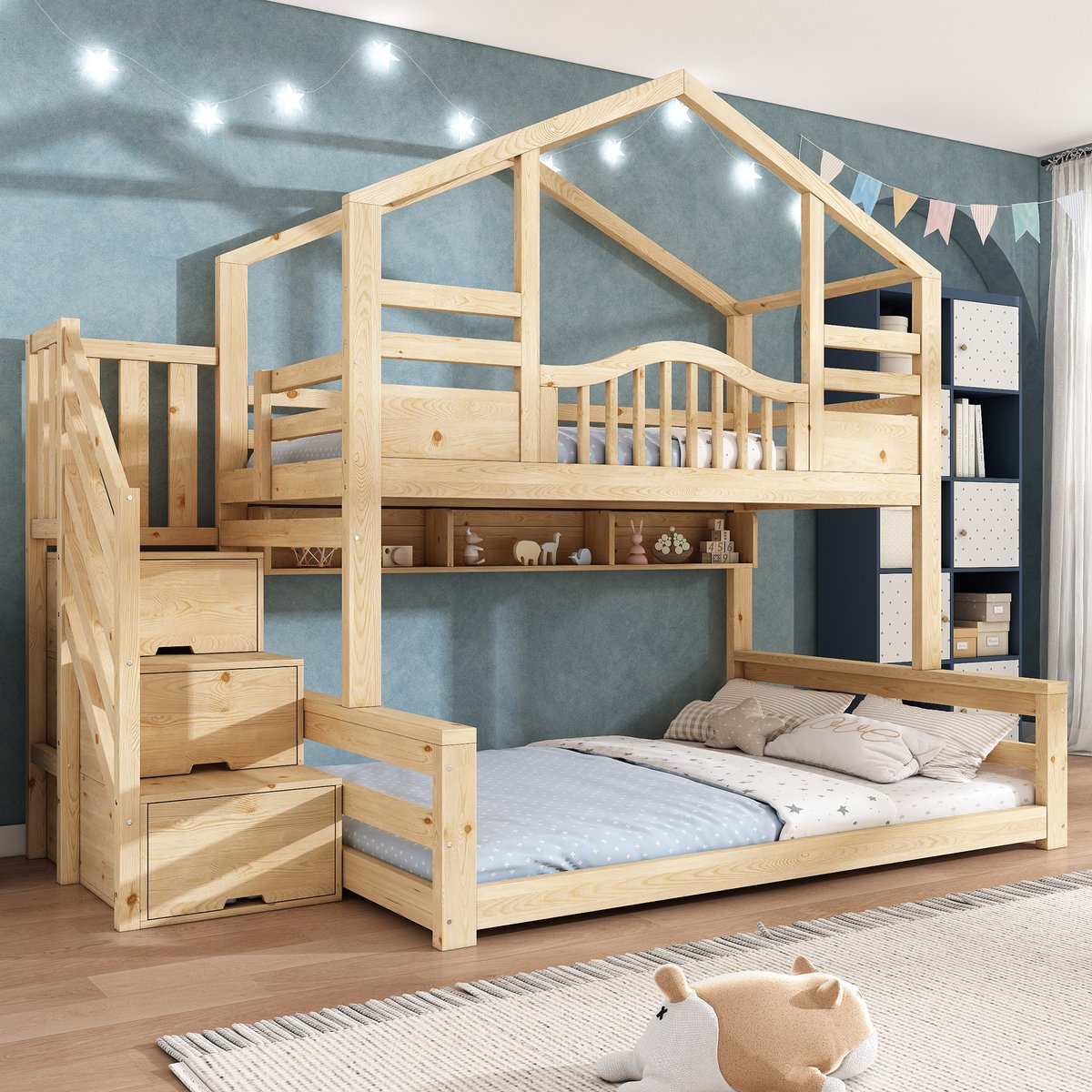 DESMIU Stapelbed 90x200 cm - Huisbed Met Trapkast En Opbergruimte - Voor Kinderen En Gezin - Houtstijl - Beige Lichtnatuurlijk - Zonder Matras