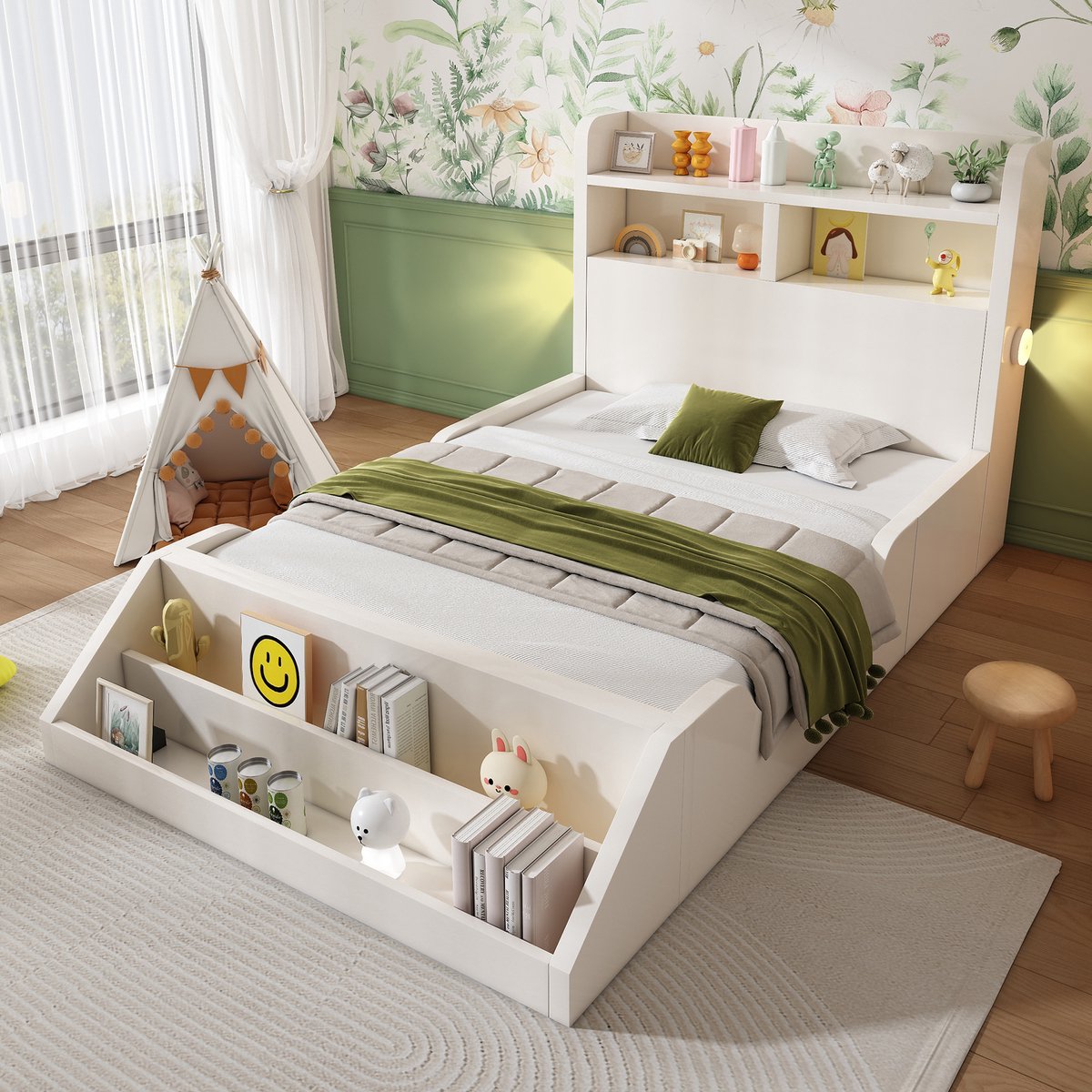 DESMIU Houten Bed 90x200cm - Eenpersoonsbed Met Nachtlampen - Hoofdbord Met Legplanken - Uitneembaar Boekenrek - Jeugdkamer - Wit - Zonder Matras