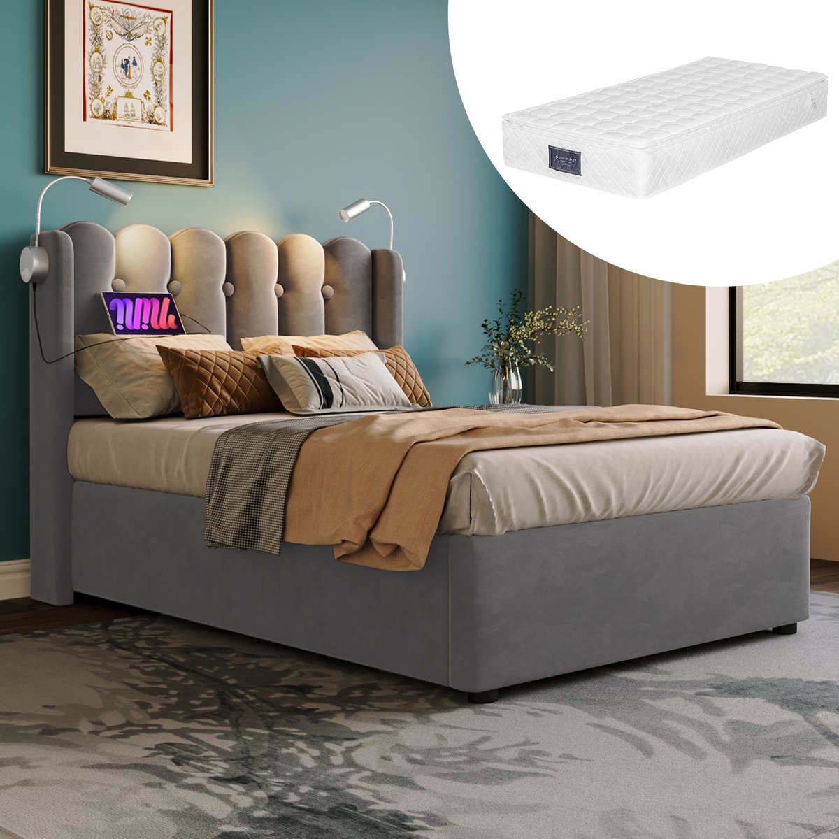 DESMIU Gestoffeerd Bed 90x200cm – Bed Met Leeslamp En Oplaadfunctie – Opbergruimte Onder Het Opklapbare Lattenbodem – Voor Slaapkamer – Fluweel – Grijs – Met Matras