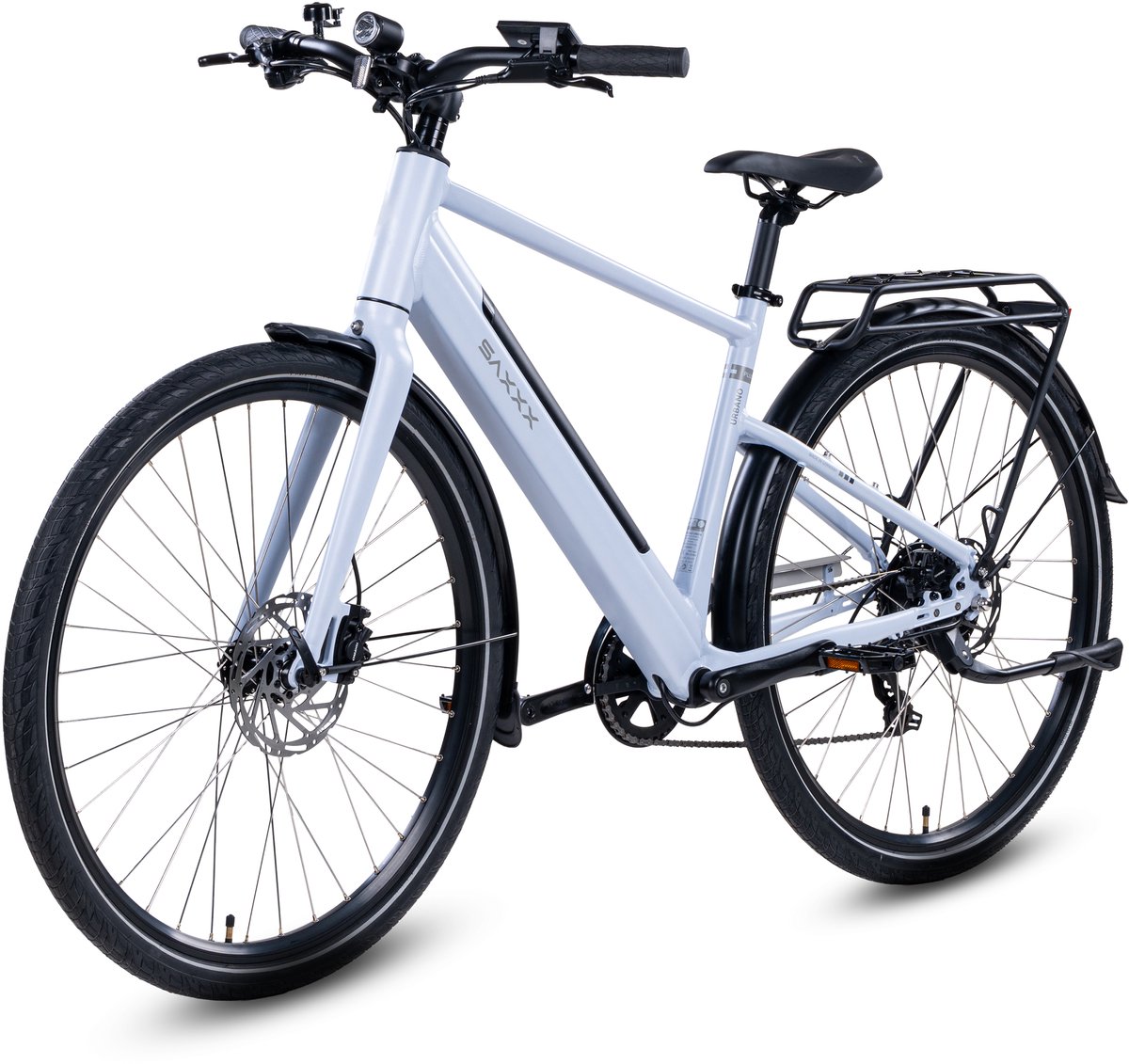 Urbano Elektrische Stadsfiets 28 Inch - 250W Ananda Achterwielmotor - 417,6Wh Accu - 95% Voorgemonteerd - Tot 90 km Actieradius - Shimano 7 Versnellingen - Hydraulische Schijfremmen - IJsblauw glanzend
