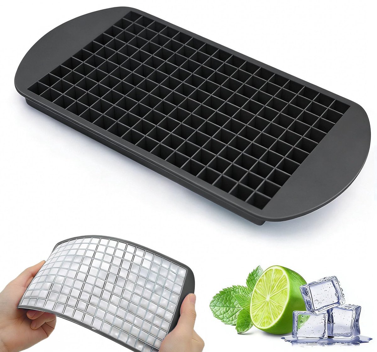 Mini ijsblokjesvorm - 1 stuk - 160 mini blokjes - Zonder deksel - Siliconen - 1 x 1 cm - BPA Vrij - Vaatwasserbestendig - Zwart