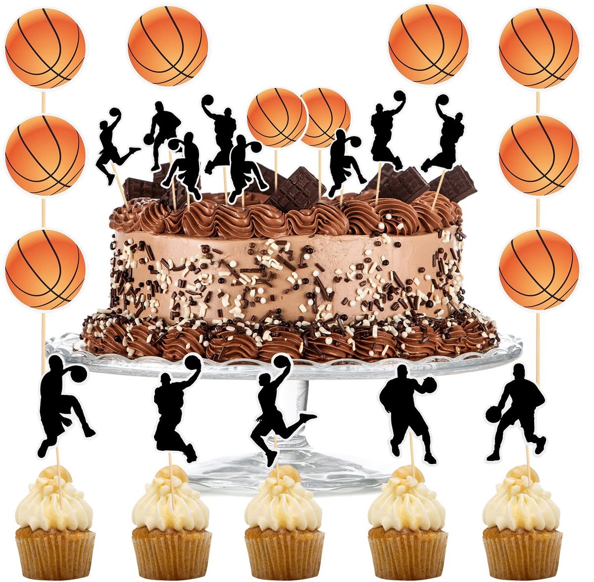 Dailygoods- Taarttoppers 24 Stuks - Basketbal Taartdecoratie - Sport Thema Taartversiering - Veelkleurig - 8 x 5,5 cm - Bamboestok 8,5 cm