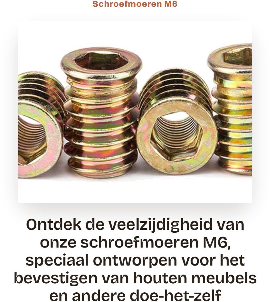 Dailygoods- Schroefmoeren Zeskantaandrijving - Moeren/Sokkel Sleeves - Houten Meubels - Koolstofstaal - M6 x 15 mm - 50 Stuks - Draadinzetstukken
