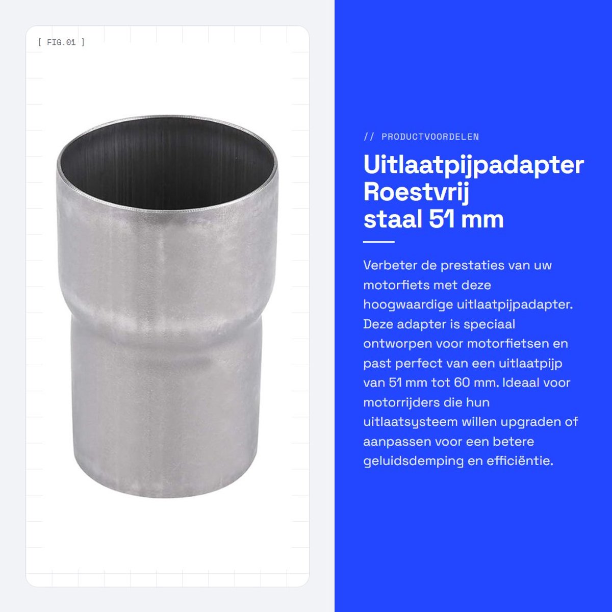 Dailygoods - Uitlaatpijpadapter - Roestvrij staal - 51 mm tot 60 mm - Demper connector - Geschikt voor motorfietsen - Zilver
