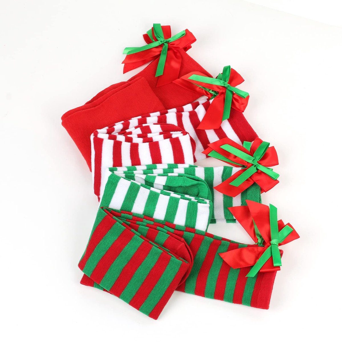 Dailygoods- Kerstkousen met strik - Overknee-kousen - Wintersokken - Dijfhoge sokken - Zachte sokken - Afmetingen 63 x 8 cm