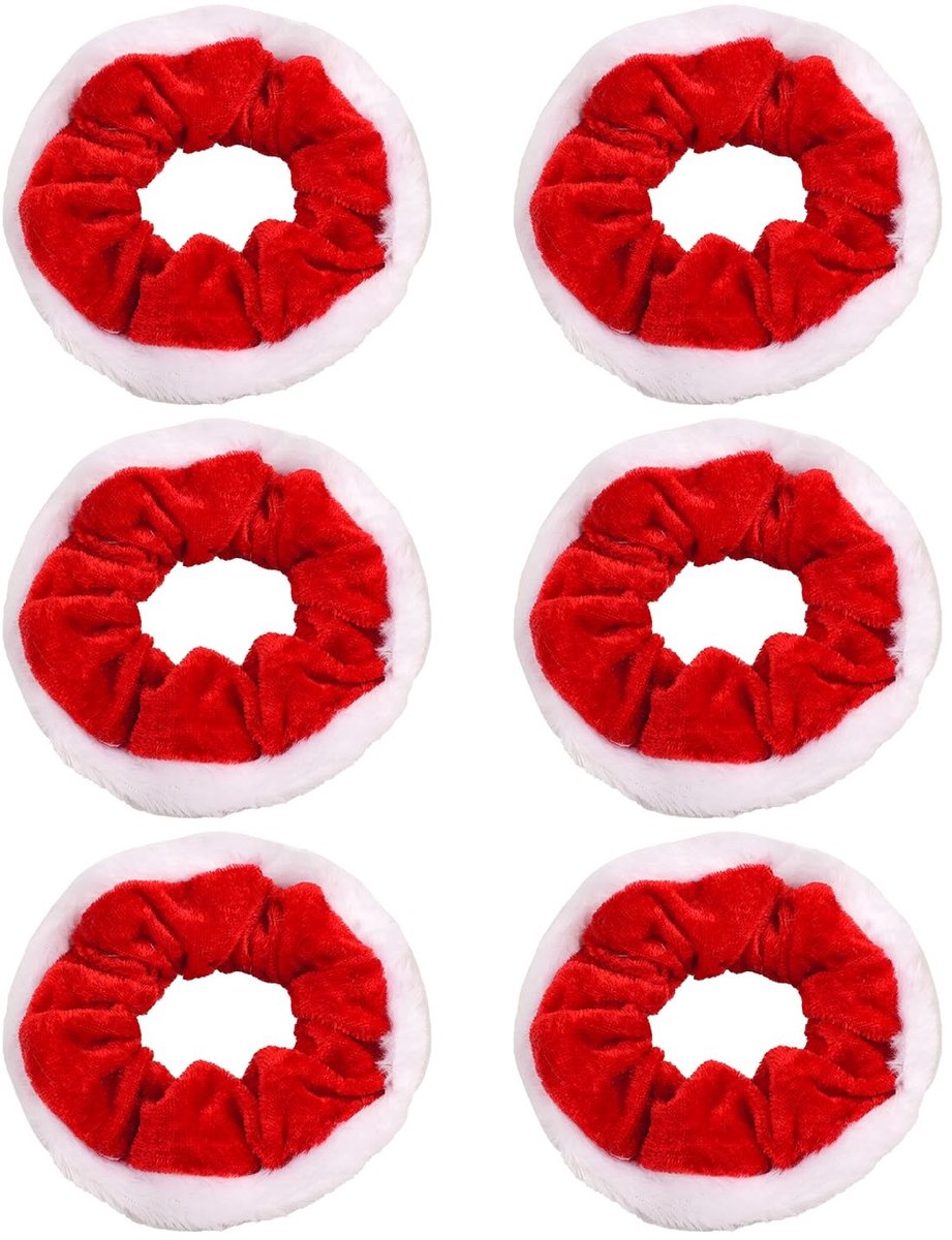 Dailygoods- Scrunchies 6 Stuks - Rood Fluwelen Met Witte Faux Bont Rand - Elastische Haaraccessoires - Duurzaam - Comfortabel - Geschikt Voor Feestdagen - Haarbanden