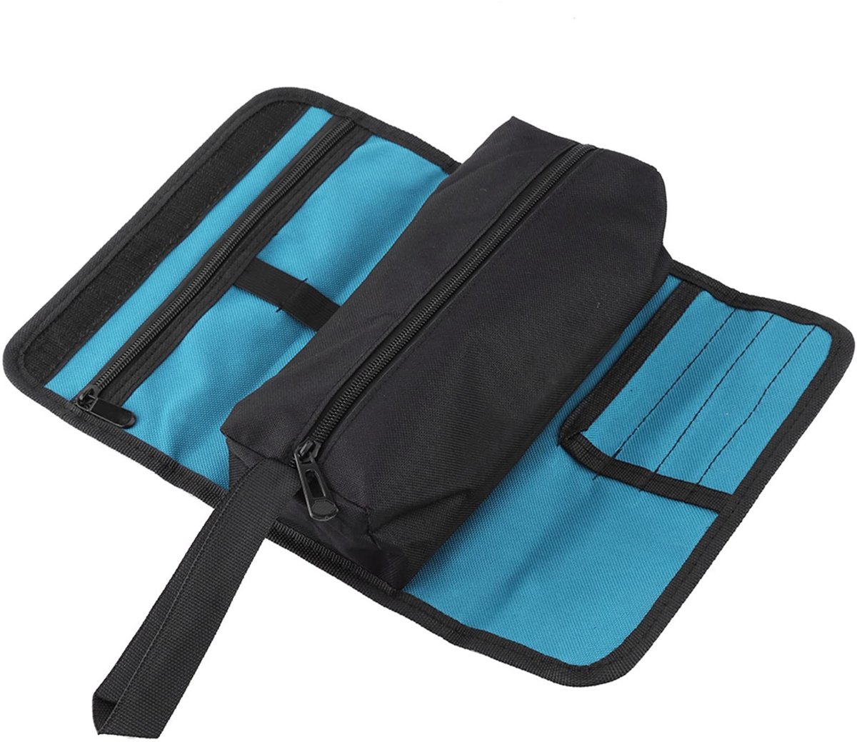 Dailygoods - Gereedschapstas - Oprolbaar - Compact formaat - Zwart + Blauw - Organizer - Geschikt voor elektriciens - 2 compartimenten
