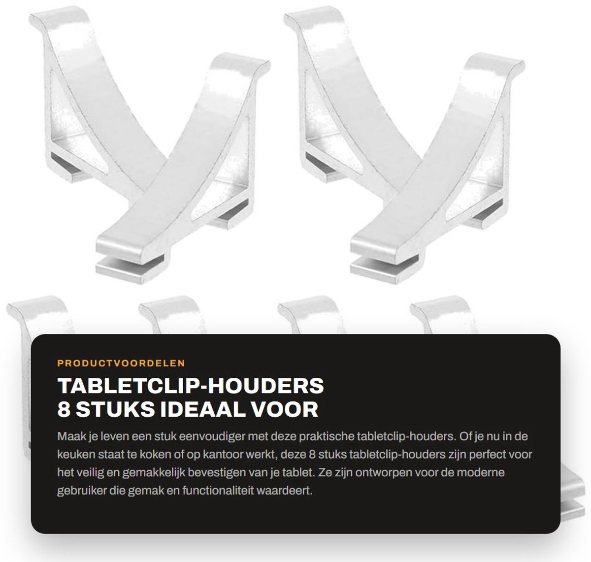 Dailygoods - Tabletclip-houders - 8 stuks - Ideaal voor keuken en kantoor - Aluminium - Makkelijk bevestigbaar - Geschikt voor tabletclips - Compact f...