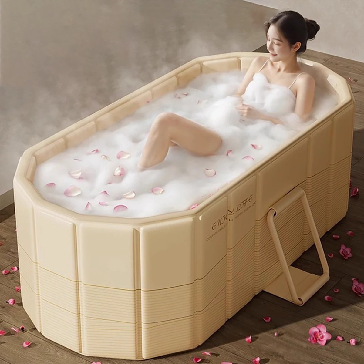 QJ Supply - Opvouwbare bad - 150 cm - Draagbare ligbad - Thuis wellness - Ontspanningsbad - Ruimtebesparend - Ligbad - Beige