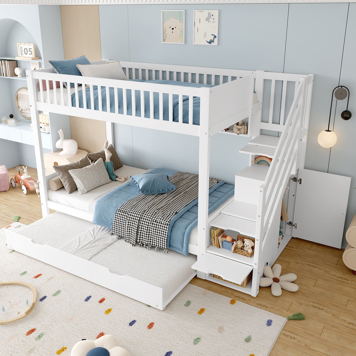 DESMIU Stapelbed 90x200 cm – Kinderbed Met Uitschuifbed – Opbergtrap, Kast En Planken – Voor Kinderkamer En Logees – Grenenhout En Plaatmateriaal – Wit – Zonder Matras