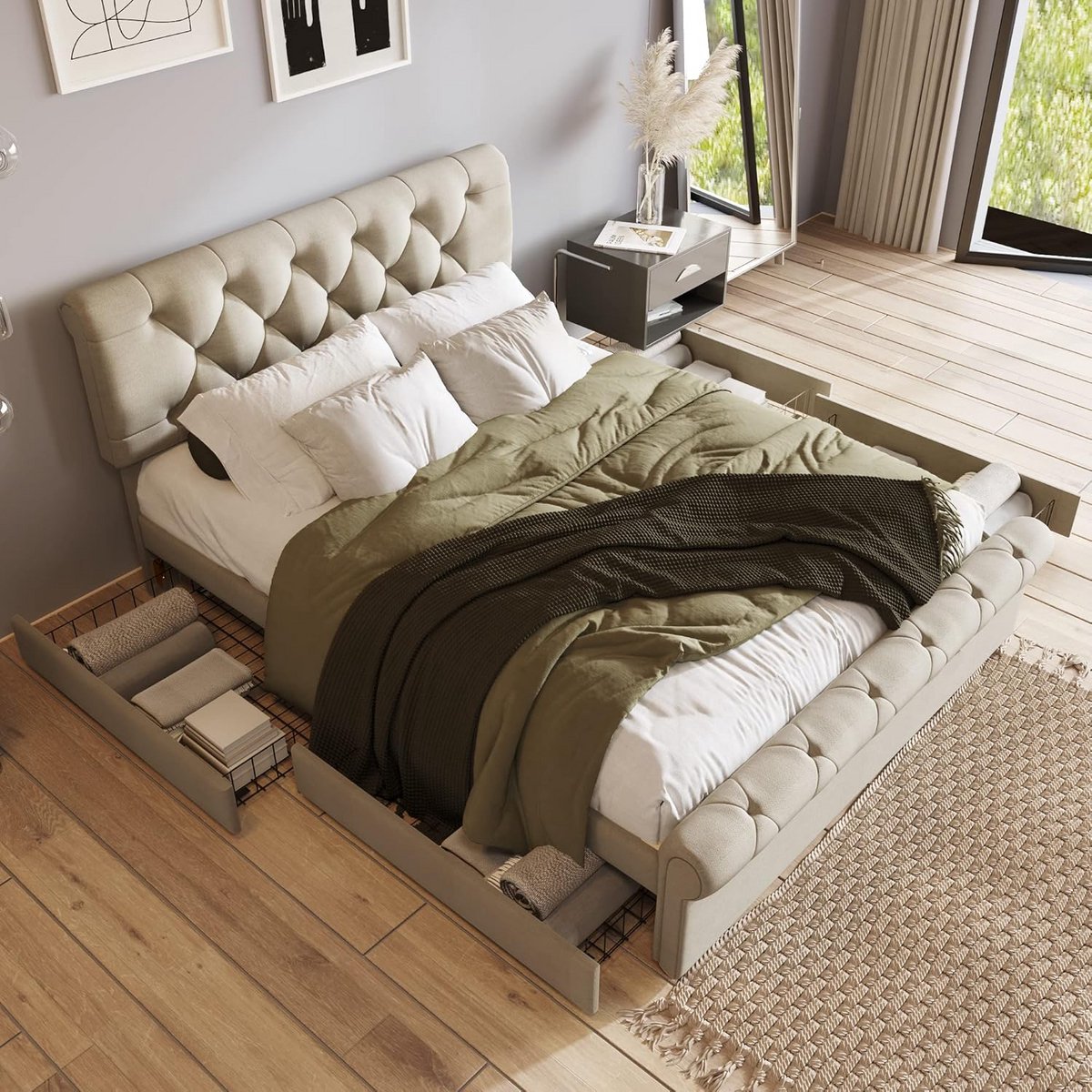 Gestoffeerd Bed - Linnen Bed - Slaapkamer Opbergen - Met 4 Lades - 140 x 200 cm - Geel