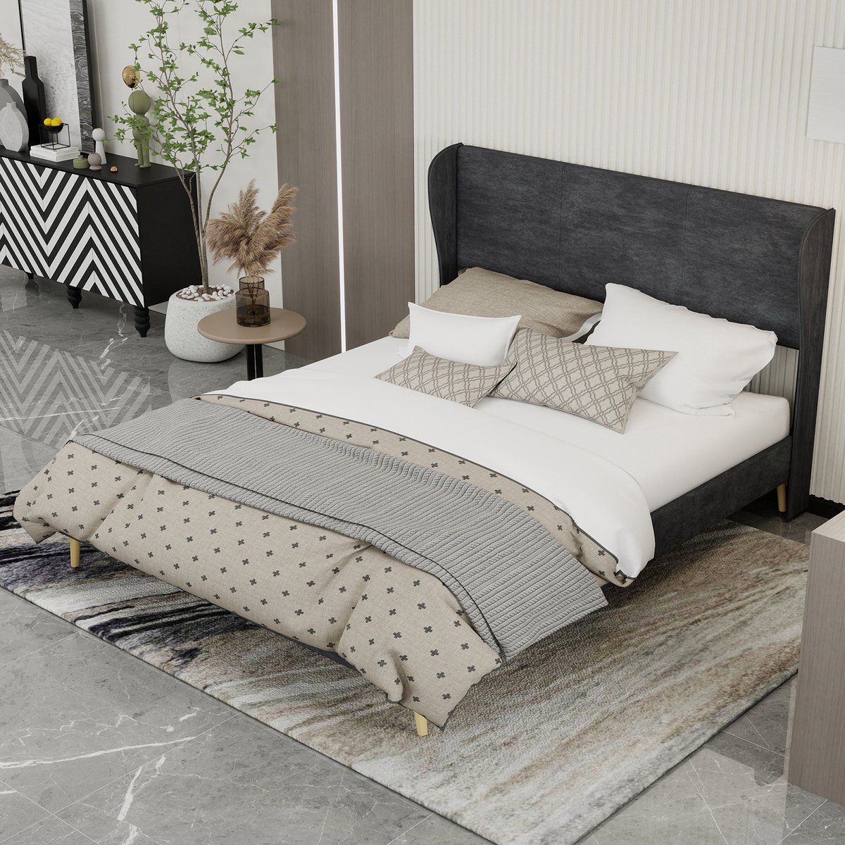 DESMIU Gestoffeerd Bed 160x200 cm – Modern Tweepersoonsbed Met Zacht Hoofdbord – Laag Bedframe – Voor Slaapkamer – Grijs – Zonder Matras