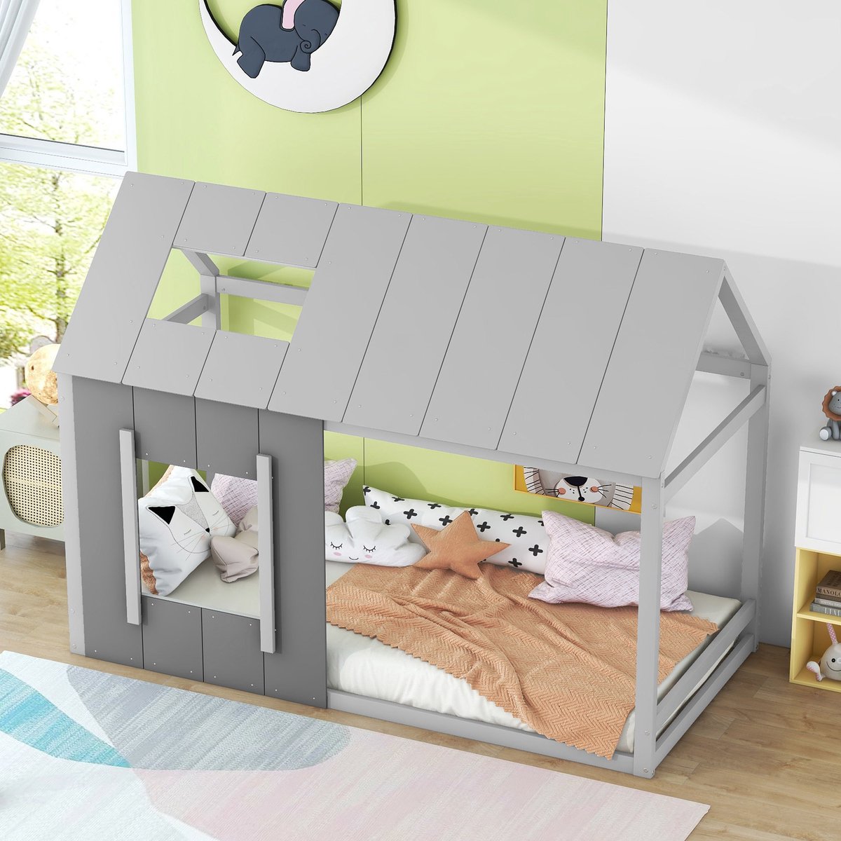 DESMIU Kinderbed 90x200 cm – Huisvormig Bed met Dak en Raam – Open Ontwerp voor Spelen en Slapen – Kinderkamer – Grenenhout en MDF – Grijs – Zonder matras