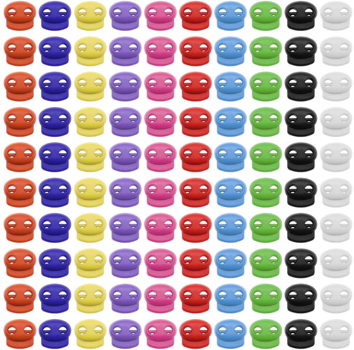 Dailygoods- Veerkoordvergrendelingen 100 Stuks - Dubbel Gat - Ovale Tuimelstop - Kunststof - 10 Kleuren - 20x20mm - Koordsluiting