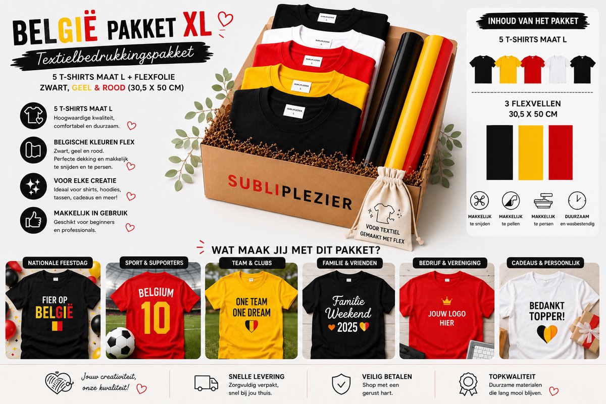 België Textielbedrukkingspakket XL – 5 T-Shirts maat L + Flexfolie Zwart, Geel & Rood (30,5 x 50 cm)