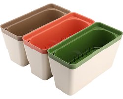 Plantenbak set - Kruidenpotten - Binnen planten - Zelfwaterend systeem - 3 stuks - Bruin groen oranje