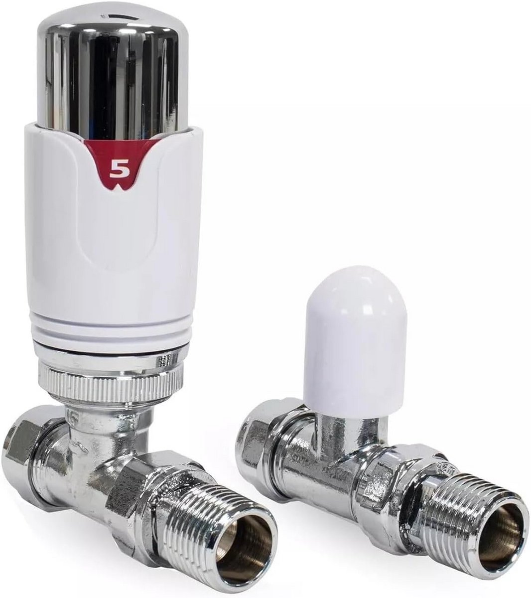 Radiator Klep Set - Thermostaat Kraan - Verwarming Regelen - Bi-directioneel Monteerbaar - 15mm x 1/2" - Chroom Wit