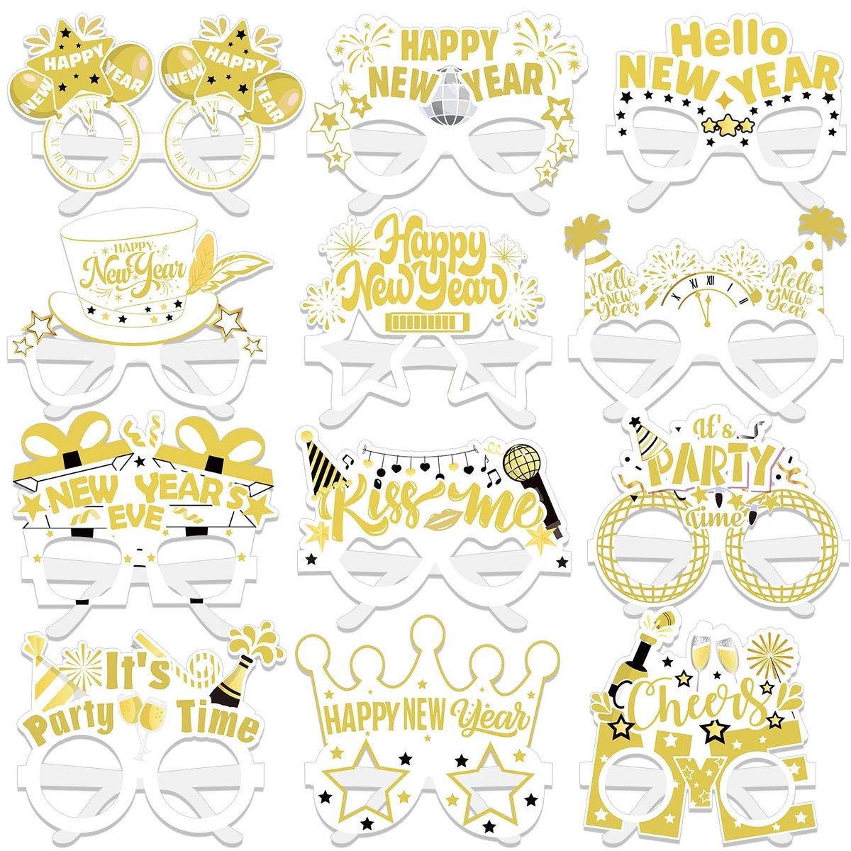 Dailygoods- Oudejaarsavondbril 2026 - 24 stuks - Papieren Feestbril - Vrolijk Nieuwjaar - Foto-rekwisieten - Wit Goud