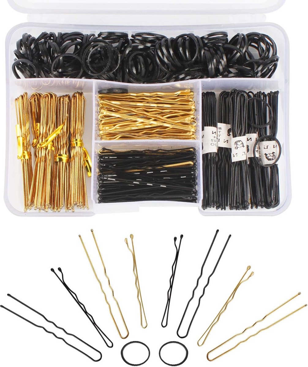 Haarspelden Set - Haarklemmen Elastieken - Haar Stylen - Inclusief Opbergdoos - 320 Stuks - Zwart Goud