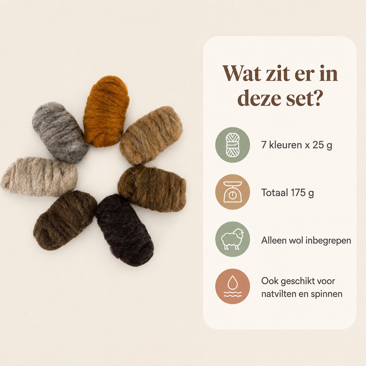 Viltwol voor Naaldvilten – 7x25g Gekaarde Wol in Bosdierkleuren – Voor Prikvilten & Droogvilten - needle felting