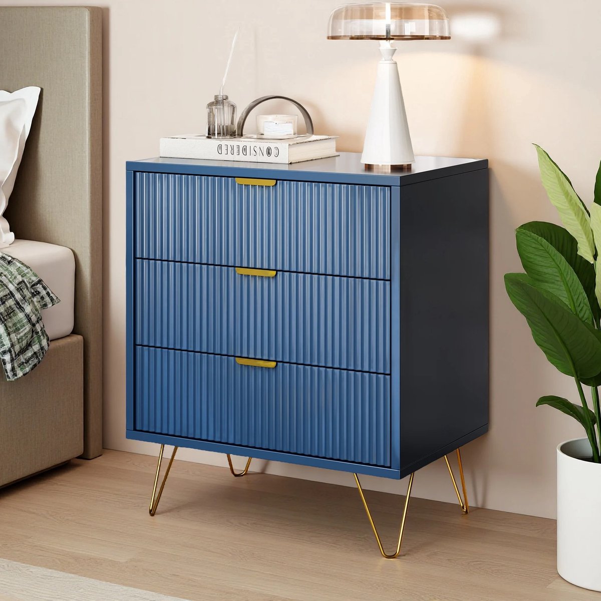 Dailygoods ladekast met 2-3 laden, opbergkast, nachtkastje met vergulde poten, verticale nerf, voor slaapkamer, woonkame