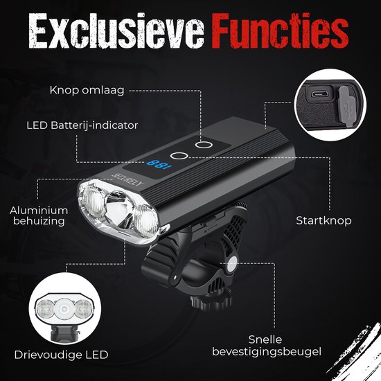Securely Fietslamp 1200 Lumen met Powerbank - 5800mAh - USB-C Oplaadbaar - IP65 Waterbestendig - LED Batterijdisplay - 360° Houder - Voor Fiets, E-bike en Fatbike — afbeelding 3