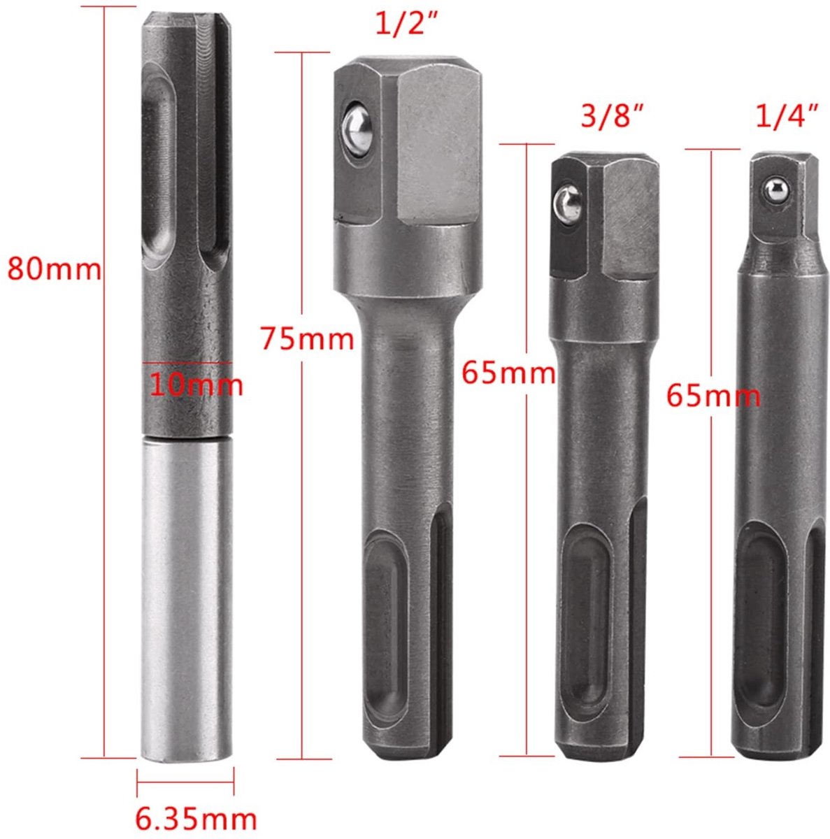 Dailygoods - Boorverlengstuk 4 stuks - SDS-Plus - Verloopstuk - Zeskant - Boorschacht - Vierkante Boorverlenging - Boren en Bits - Geschikt voor Boren...