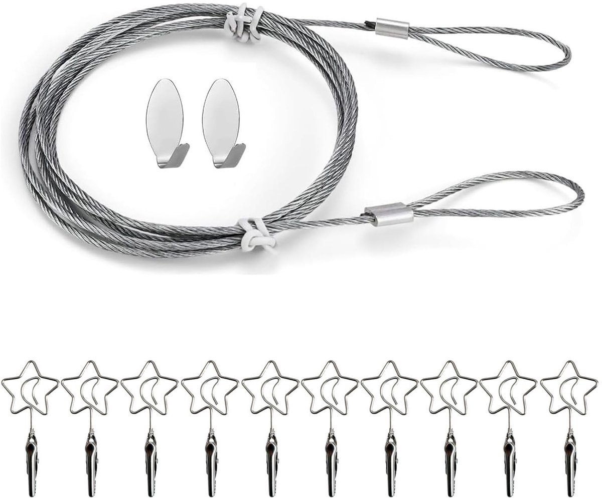 Dailygoods- Fototouw 160 cm - Fotokabel met 10 Klemmen - Stalen Kabel met Haken - Fotolijn voor Foto's - Kaarthouder met Ogen - Verstelbare Lengte