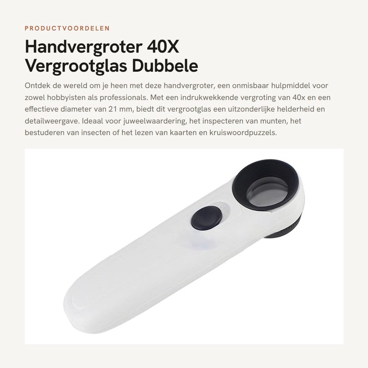 Dailygoods - Handvergroter - 40X Vergrootglas - Dubbele Verlichting - Wit - Juweelwaardering - Inspectie van Munten en Insecten - Geschikt voor Hobbis...