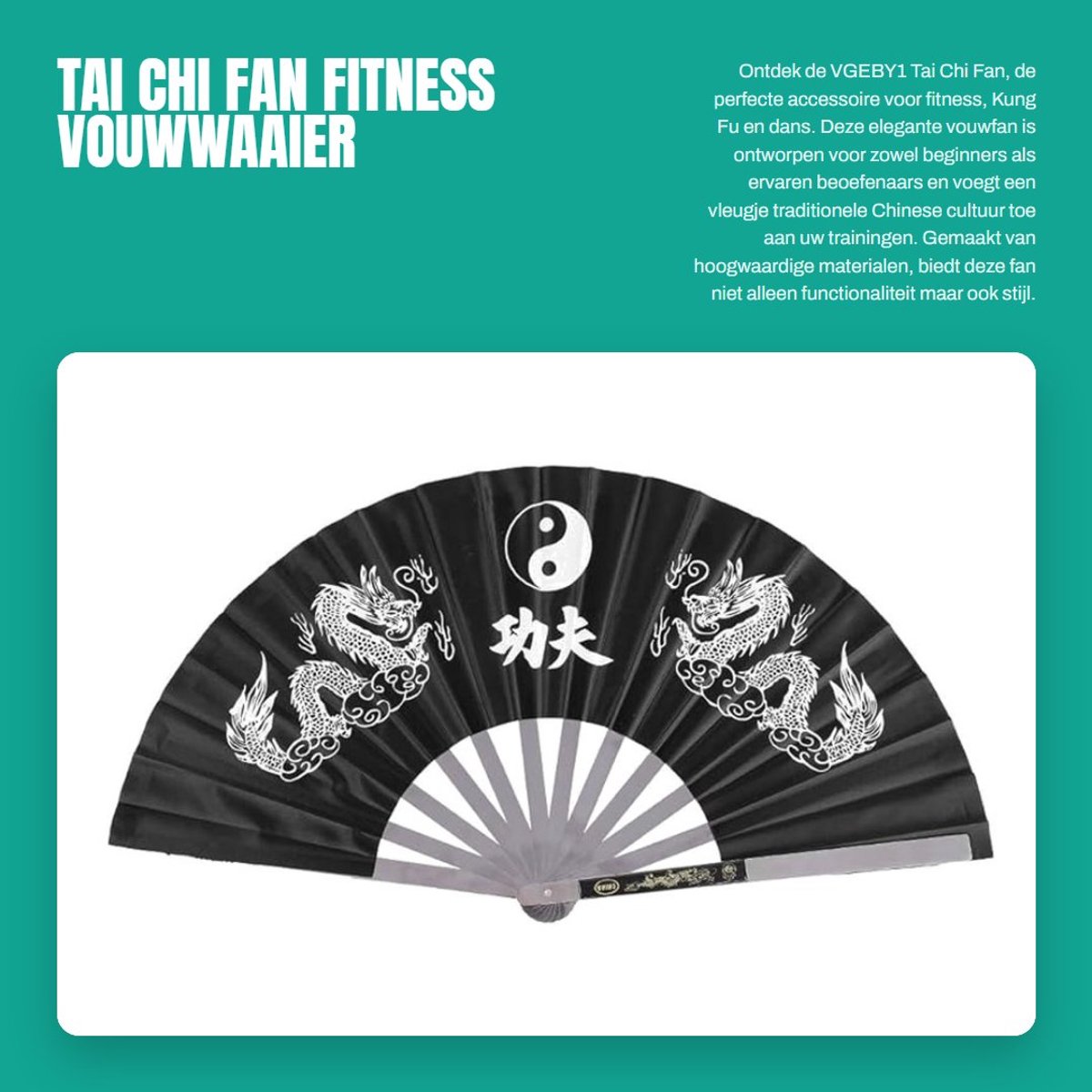 Dailygoods- Vouwwaaier Lichtgewicht - Tai Chi Fan - Roestvrij Staal - Draagbaar - Oosters Design - 64 x 35 cm