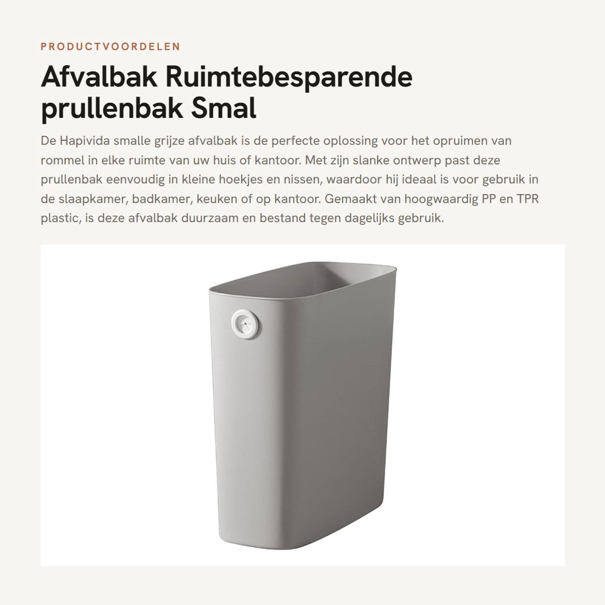 Dailygoods- Afvalbak Ruimtebesparend - Prullenbak 28 x 27 x 13 cm - PP/TPR Kunststof - Hygiënisch - Lichtgewicht - Duurzaam