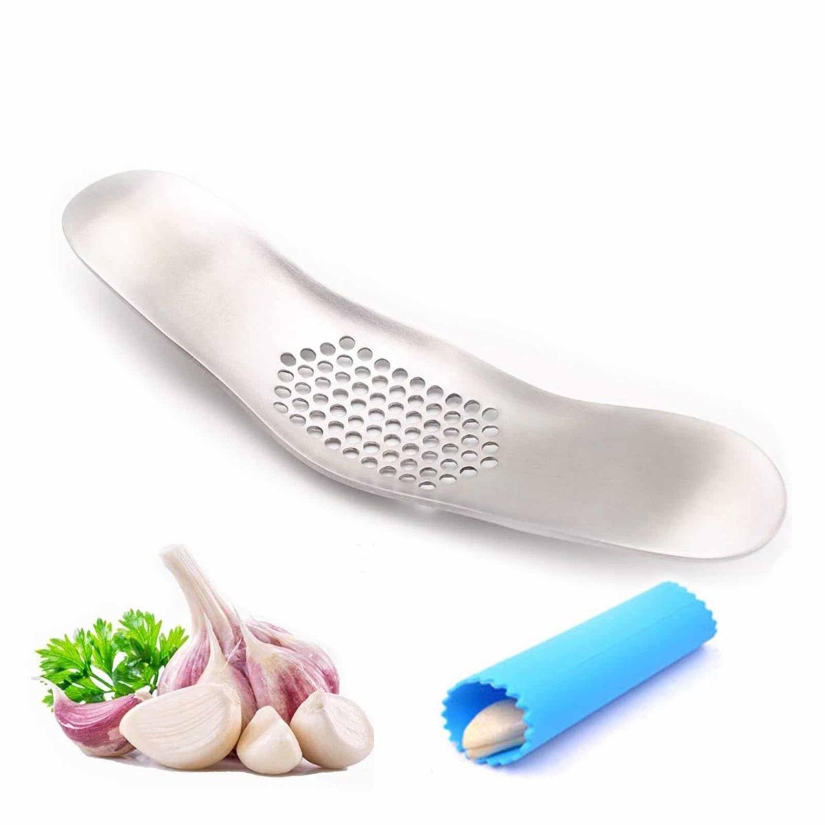 Dailygoods- Knoflookpers Roestvrij Staal - Multifunctioneel Gereedschap - Vaatwasmachinebestendig - Geplette Knoflook - Handzaam Ontwerp - Eenvoudig Schoonmaken - Knoflookhacker