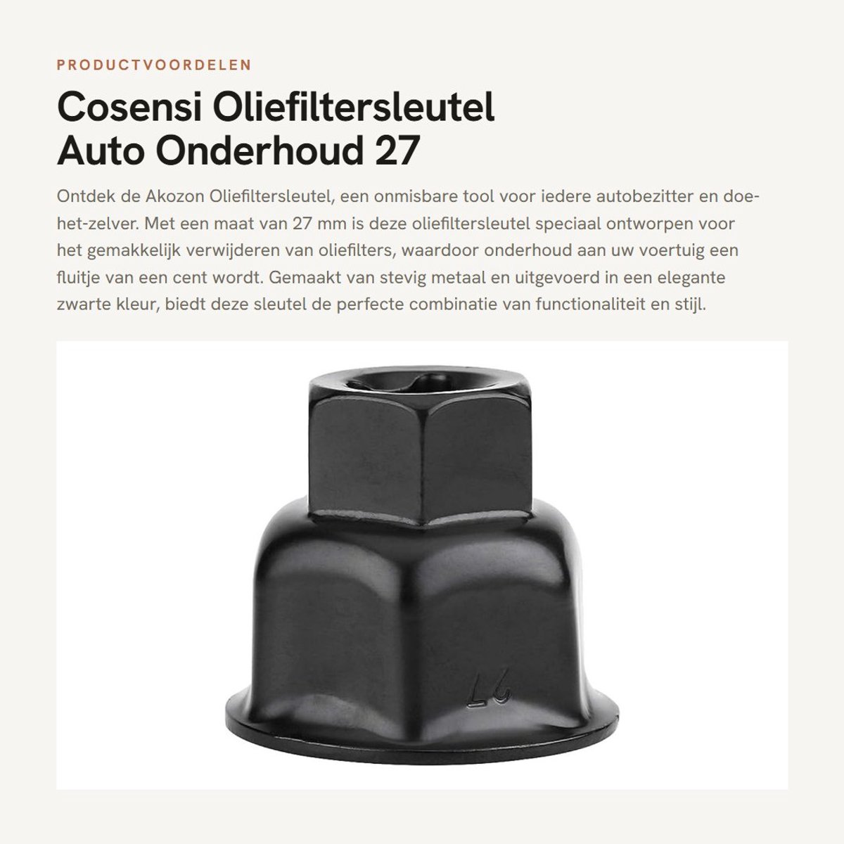 Dailygoods- Oliefiltersleutel 27 mm - Auto Oliefiltersleutel - Socket Drive - Metaal - Zwart - 6 Punten - Lichtgewicht 54 gr - Filtersleutel